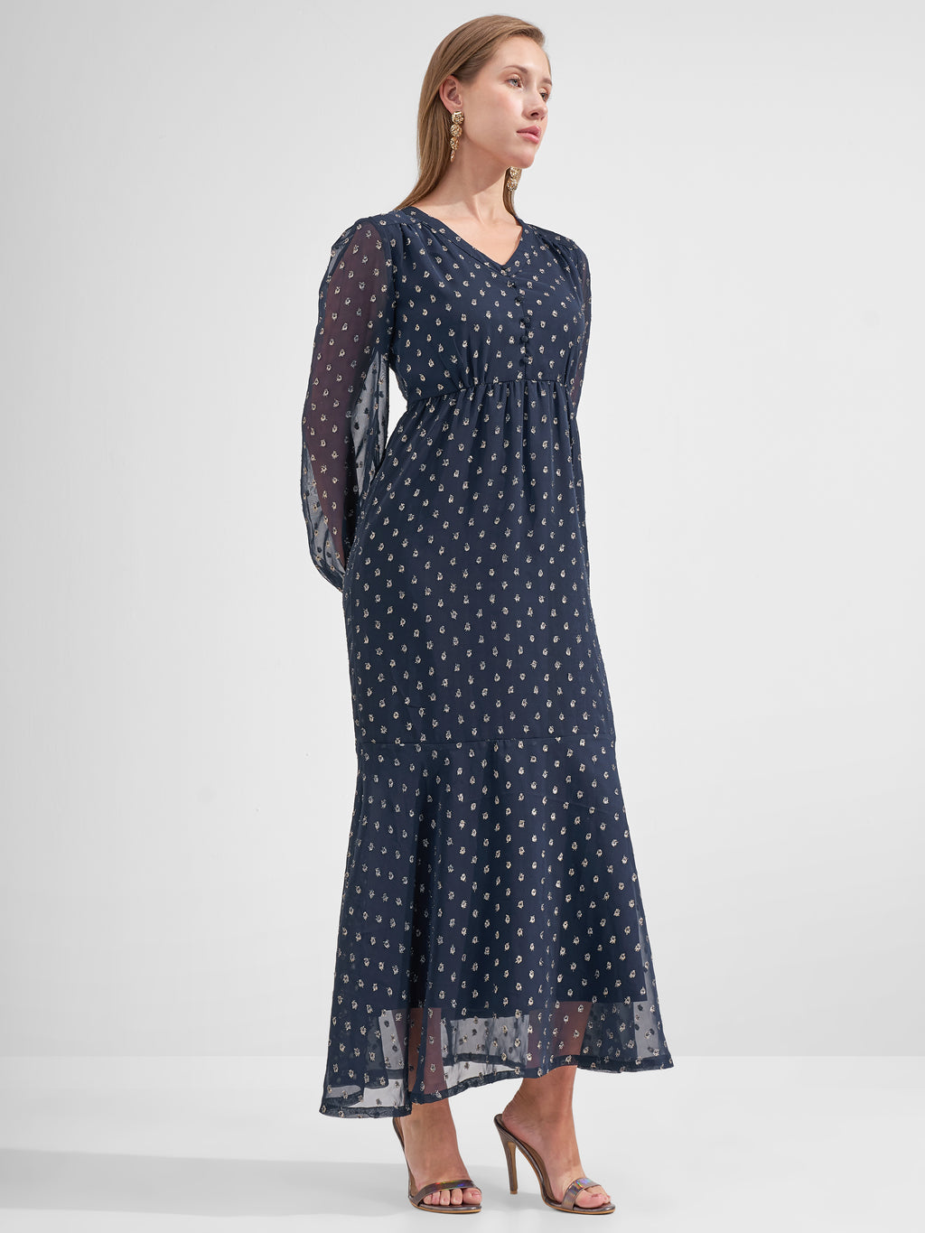 Vara By Vishudh Women Navy Blue Embroidered Fit and Flare Dress