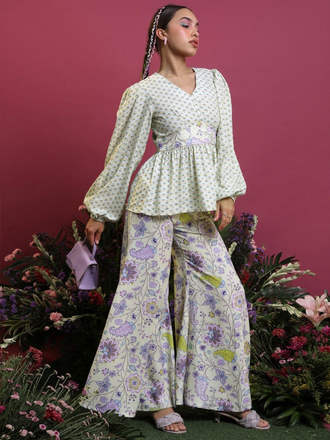 Vishudh Women Lime Green Top With Palazzo - Green - Image 1