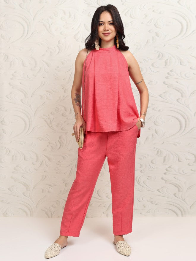 Tokyo Talkies Women Coral Top With Trousers Co-Ords - Coral - Image 2
