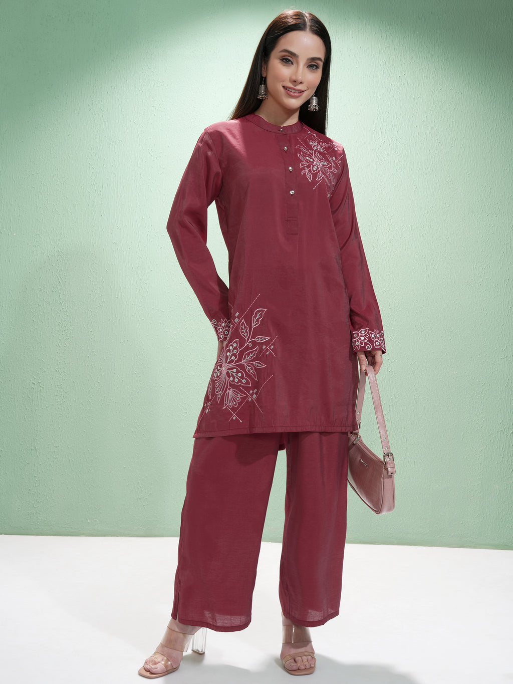 Vishudh Women Maroon Tunic With Palazzos - Maroon - Image 2