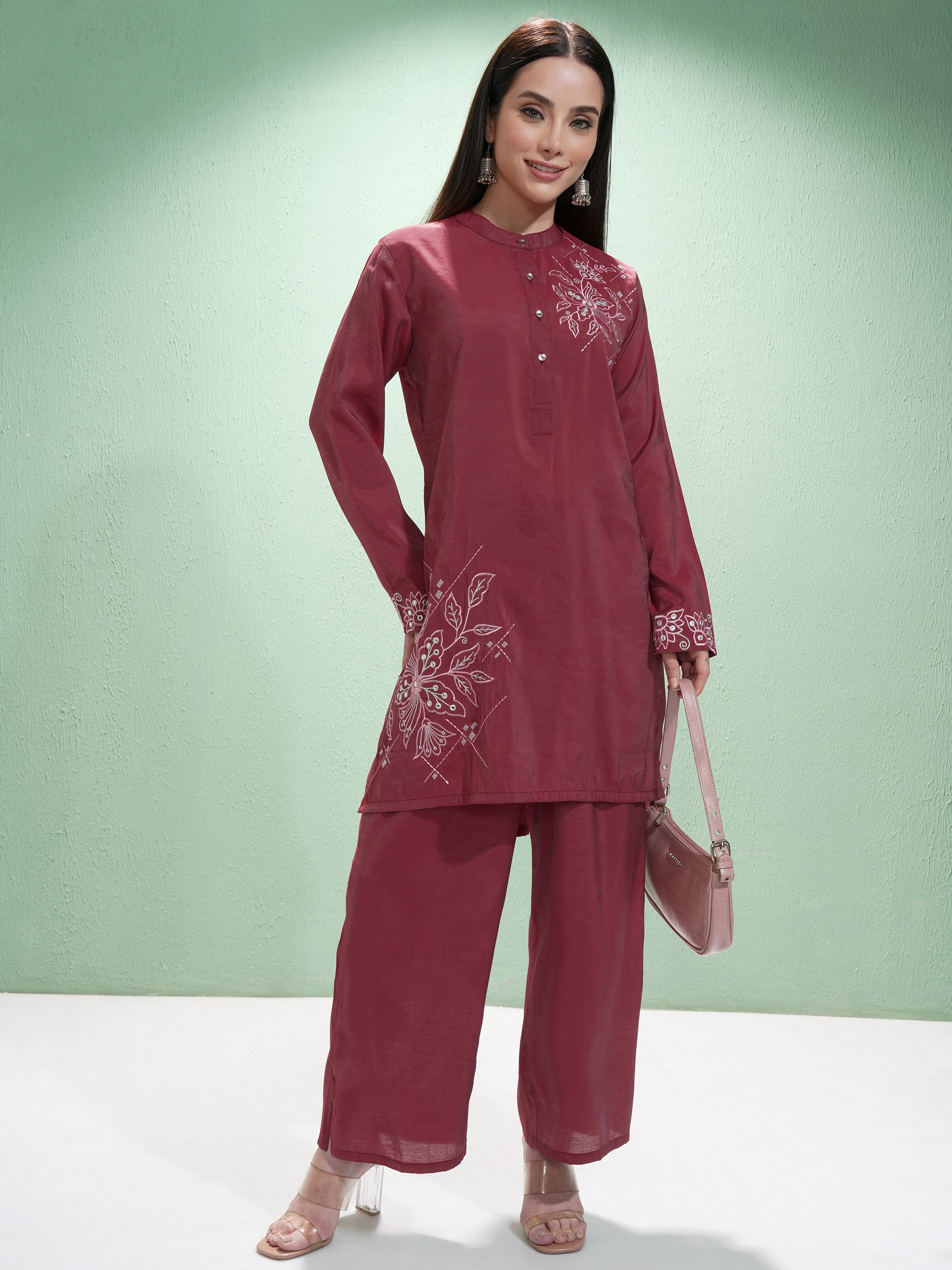 Vishudh Women Maroon Tunic With Palazzos - Maroon - Image 2