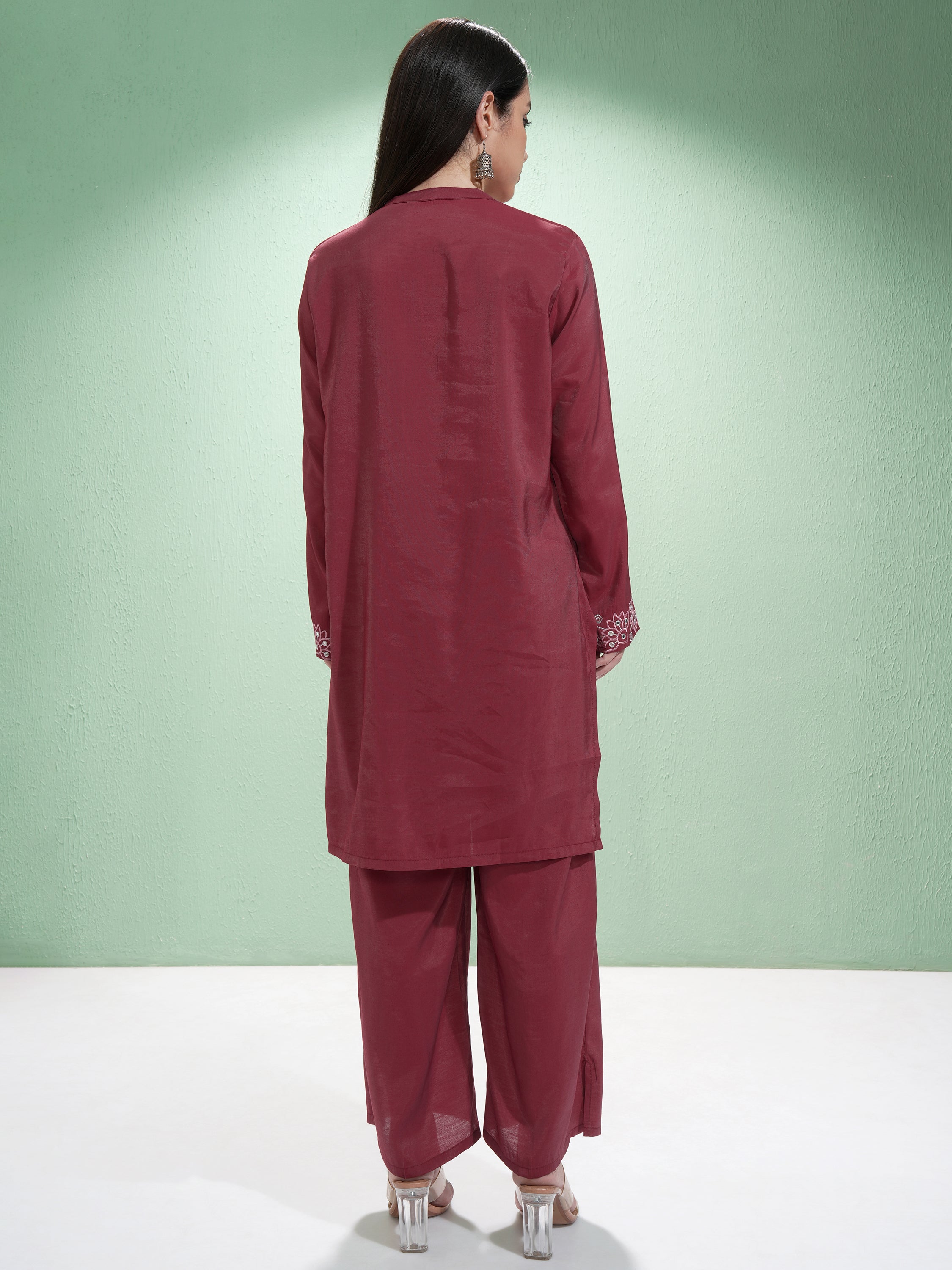 Vishudh Women Maroon Tunic With Palazzos - Maroon - Image 3