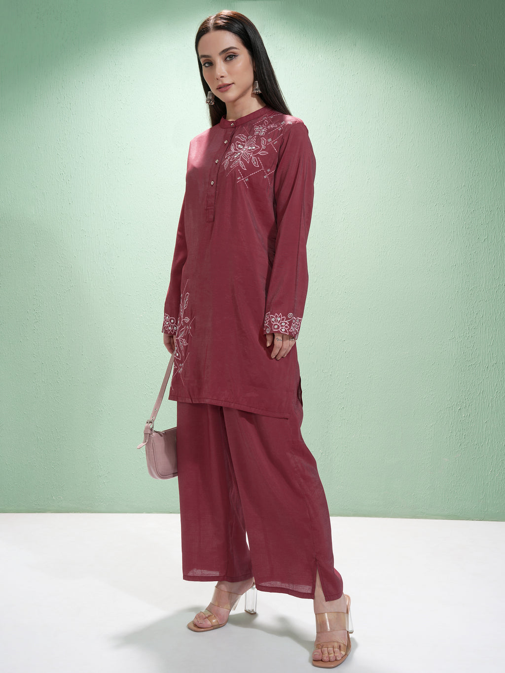 Vishudh Women Maroon Tunic With Palazzos - Maroon - Image 4