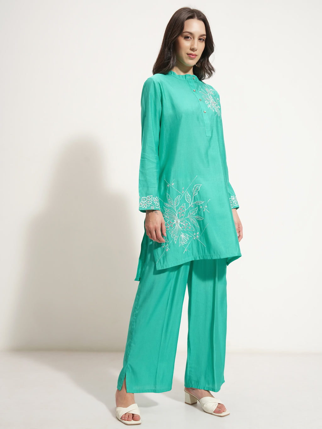 Vishudh Women Turquoise Top With Trouser - Turquoise - Image 6