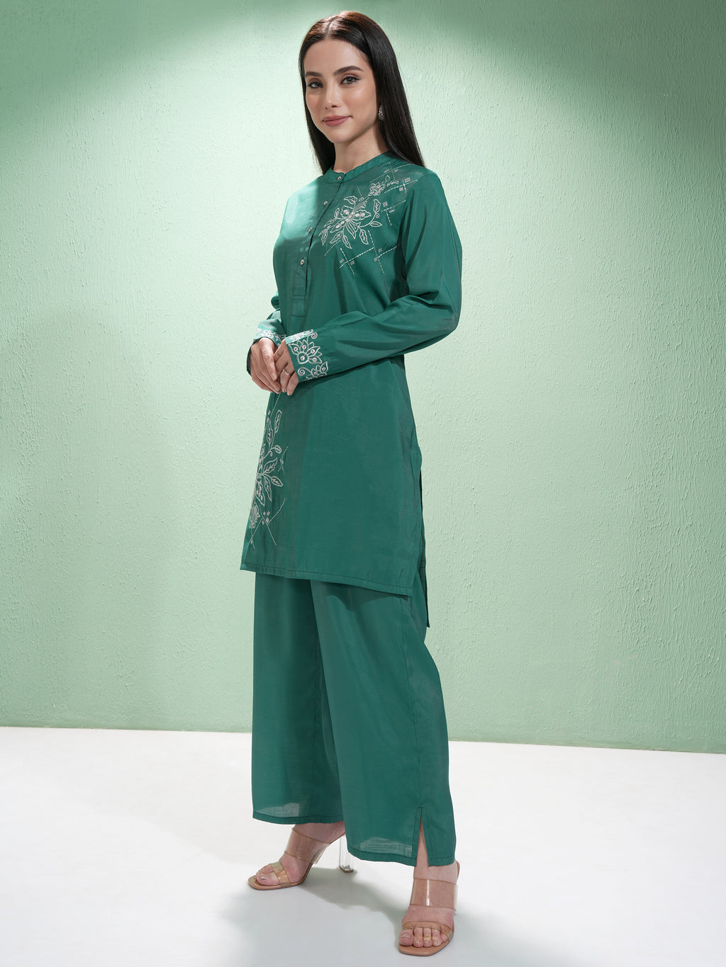 Vishudh Women Green Tunic With Palazzos - Green - Image 4