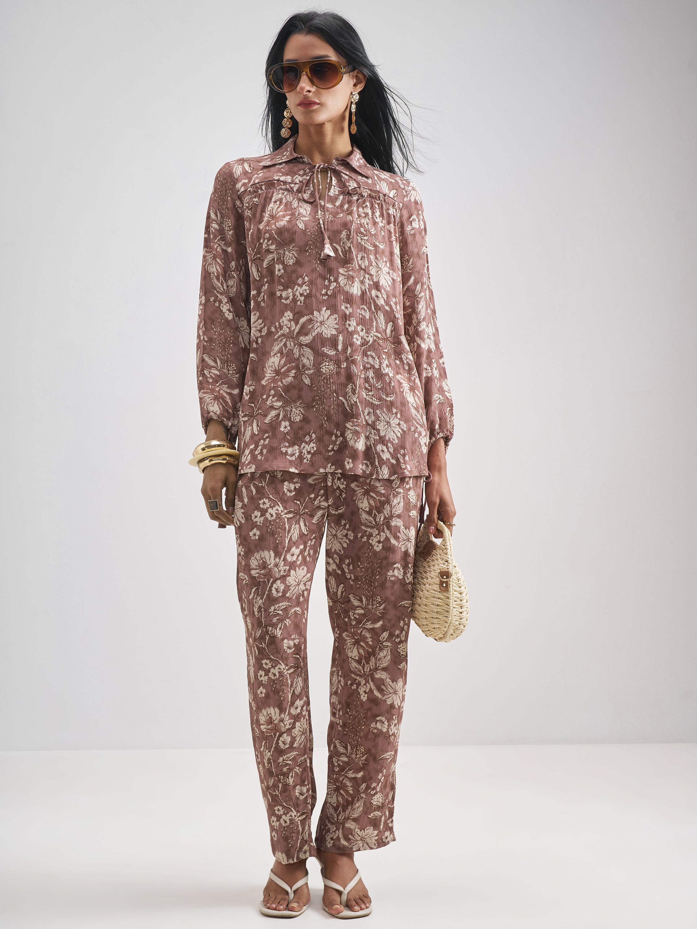 Vishudh Women Tan Top With Trouser Co-Ords - Tan - Image 1