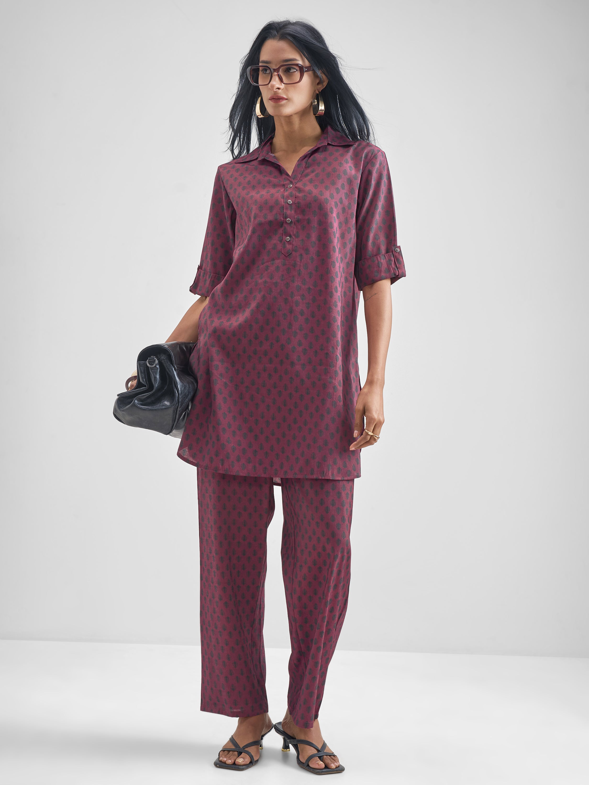 Vishudh Women Burgundy Tunic With Trouser Co-Ords - Burgundy - Image 1