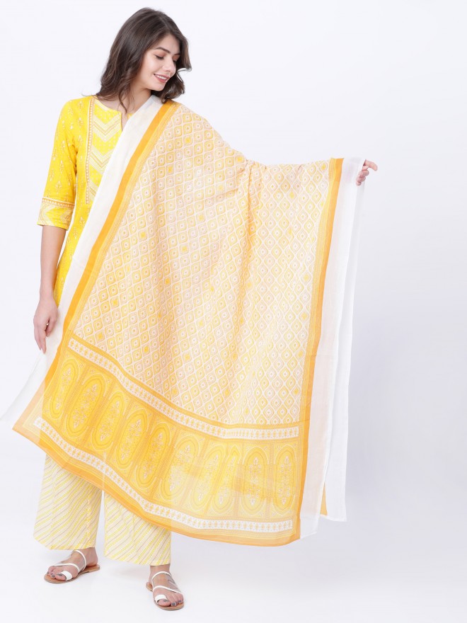 Vishudh Printed Cotton Duppatta - Yellow - Image 1