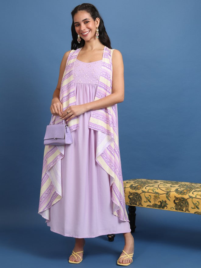 Vishudh Women Lavender Printed Maxi Dress - Lavender - Image 1