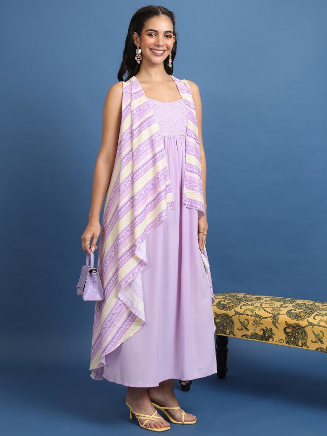 Vishudh Women Lavender Printed Maxi Dress - Lavender - Image 4