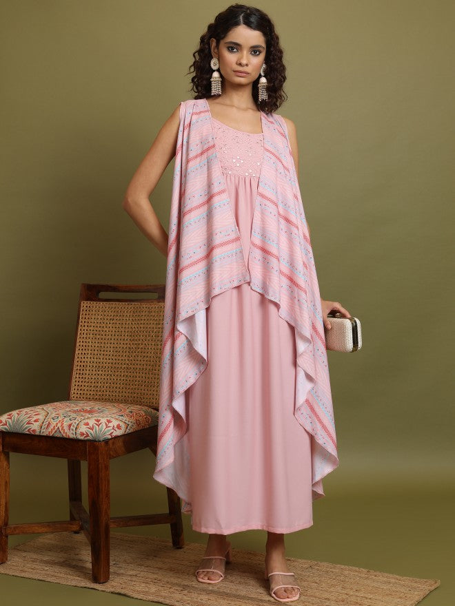 Vishudh Women Pink Embroidered A-Line Dress - Pink - Image 1