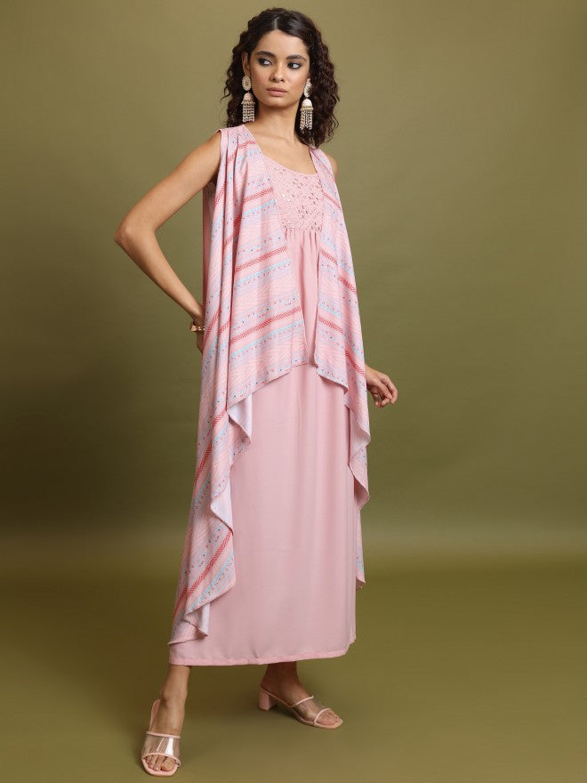 Vishudh Women Pink Embroidered A-Line Dress - Pink - Image 2