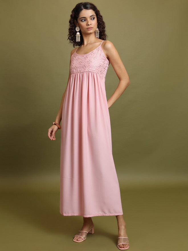 Vishudh Women Pink Embroidered A-Line Dress - Pink - Image 4