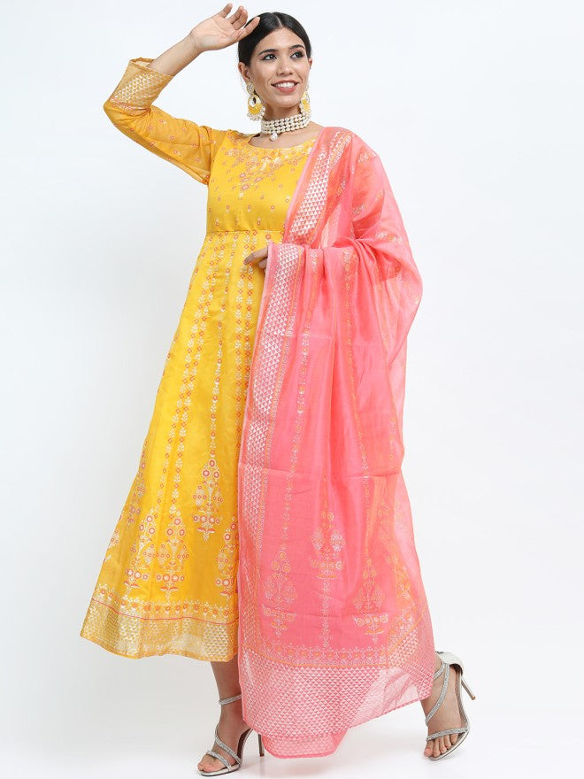 Vishudh women Yellow Printed Maxi Dress - Yellow - Image 1