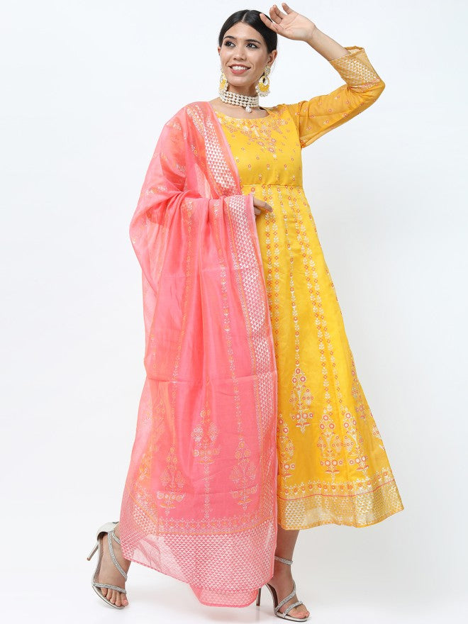 Vishudh women Yellow Printed Maxi Dress - Yellow - Image 4