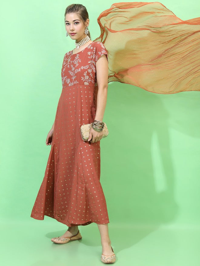 Vishudh Women Rust Printed A-Line Dress - Rust - Image 1
