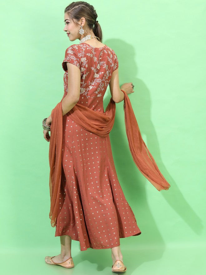 Vishudh Women Rust Printed A-Line Dress - Rust - Image 2