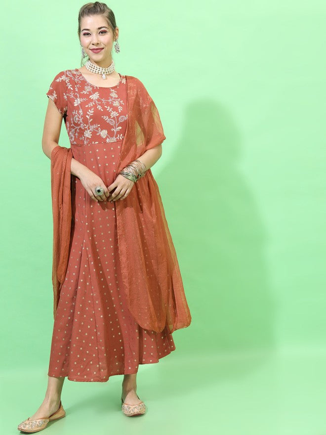 Vishudh Women Rust Printed A-Line Dress - Rust - Image 4
