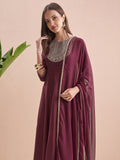 Vishudh Women Burgundy Embroidered Maxi Dress - Burgundy - Image 1