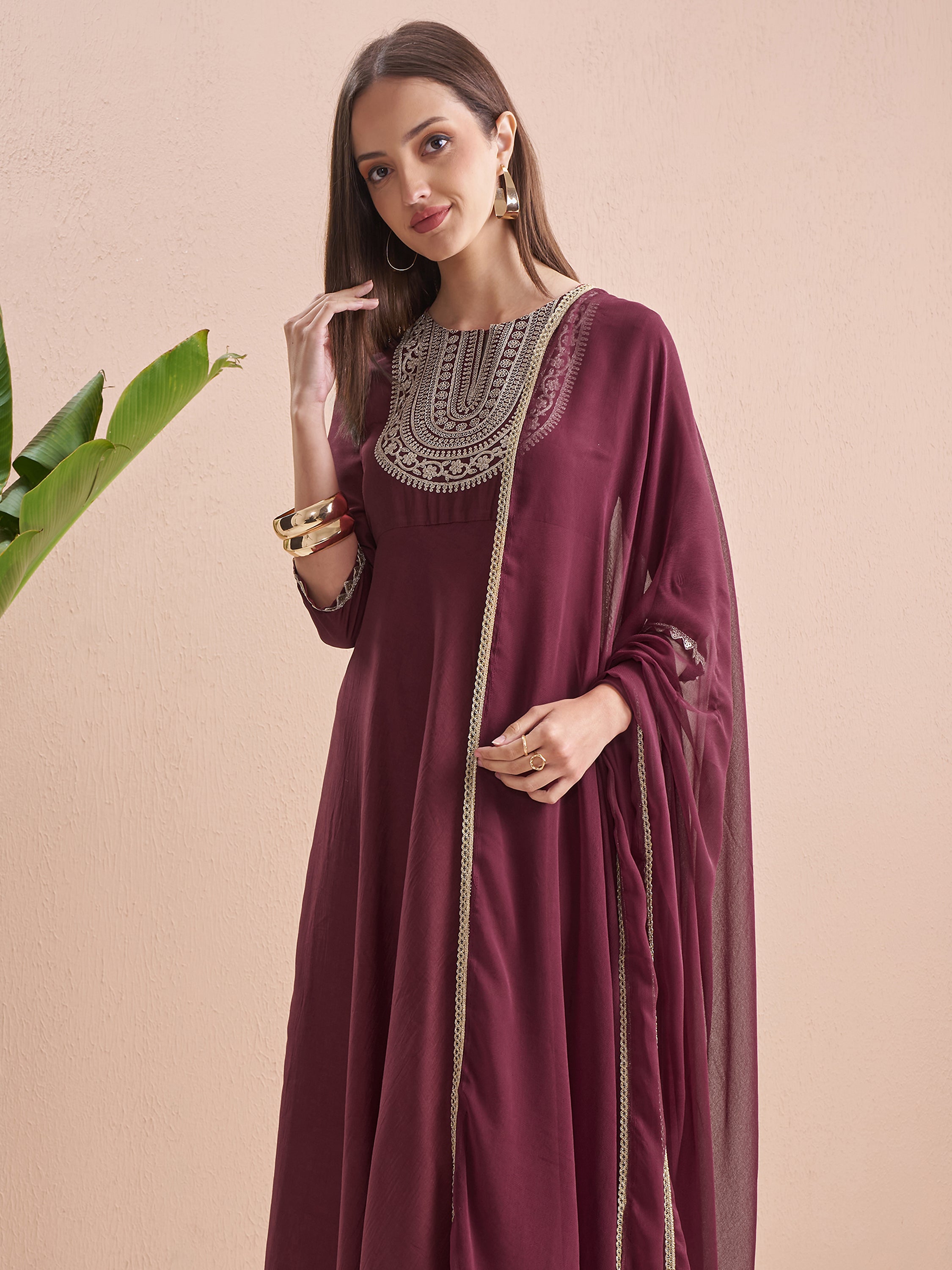 Vishudh Women Burgundy Embroidered Maxi Dress - Burgundy - Image 1