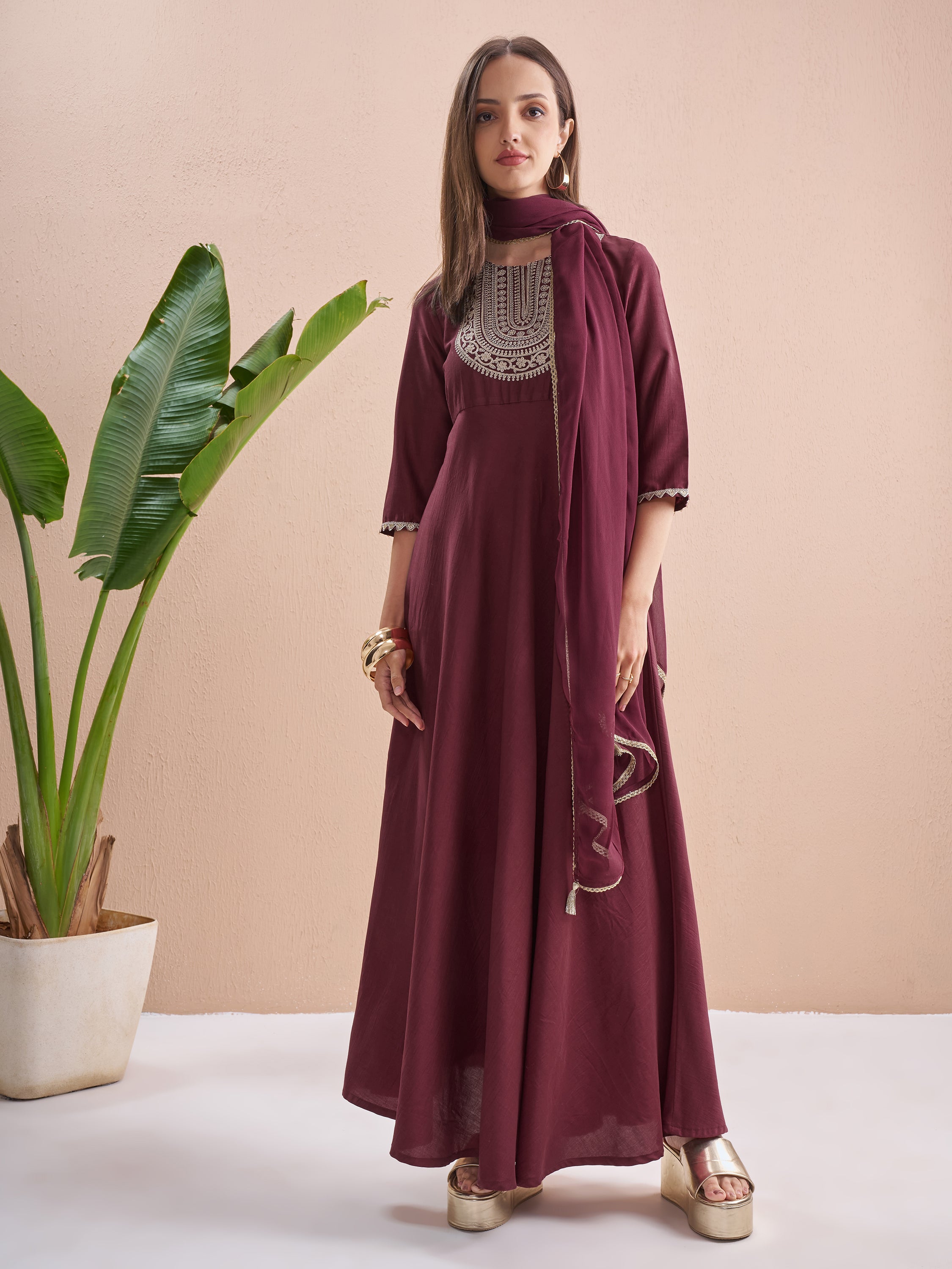 Vishudh Women Burgundy Embroidered Maxi Dress - Burgundy - Image 2