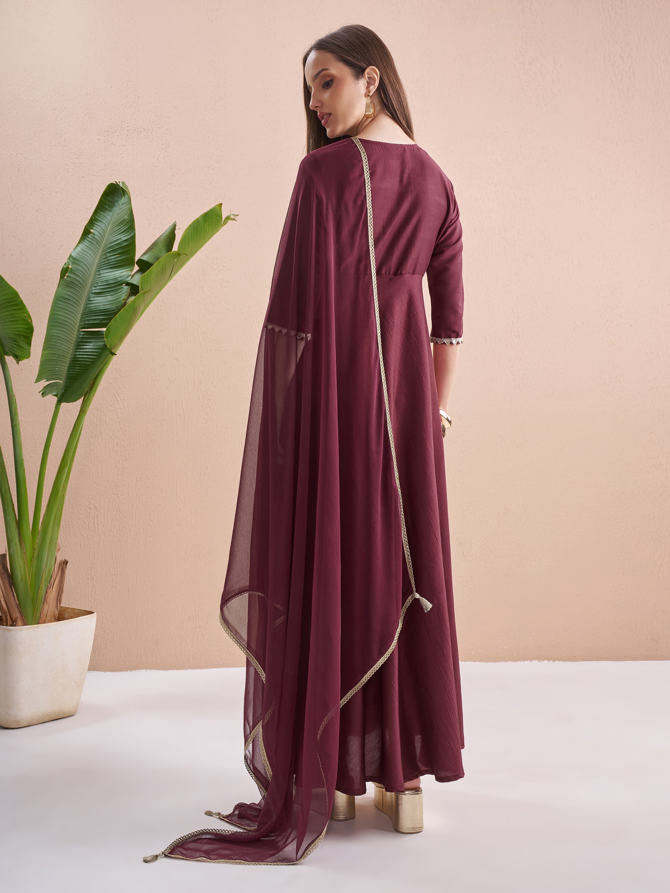 Vishudh Women Burgundy Embroidered Maxi Dress - Burgundy - Image 3