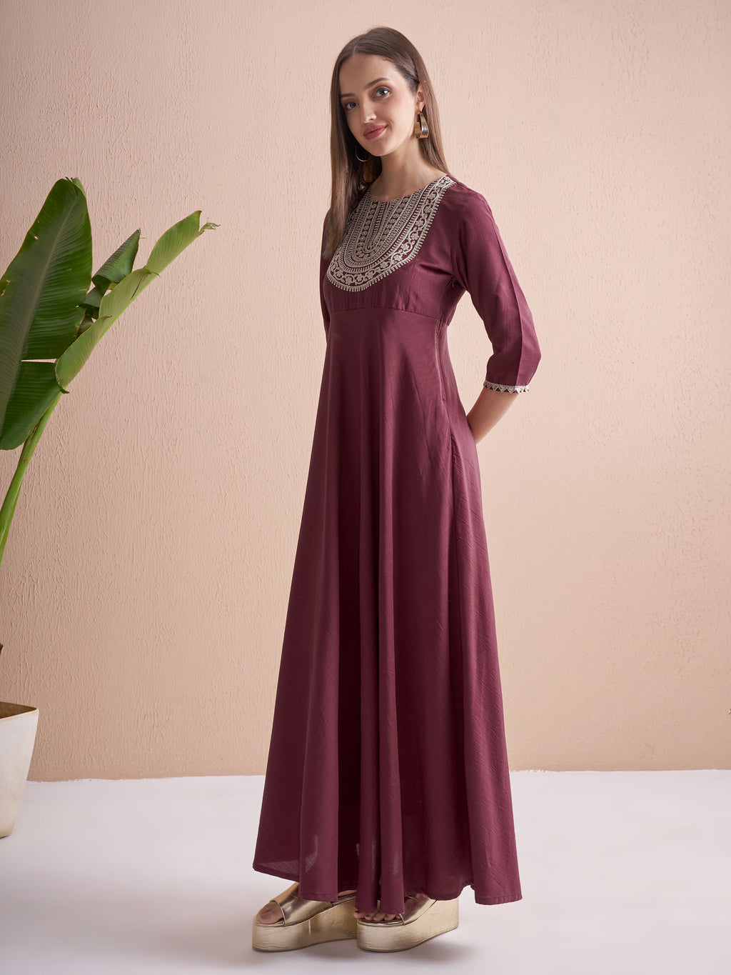 Vishudh Women Burgundy Embroidered Maxi Dress - Burgundy - Image 4