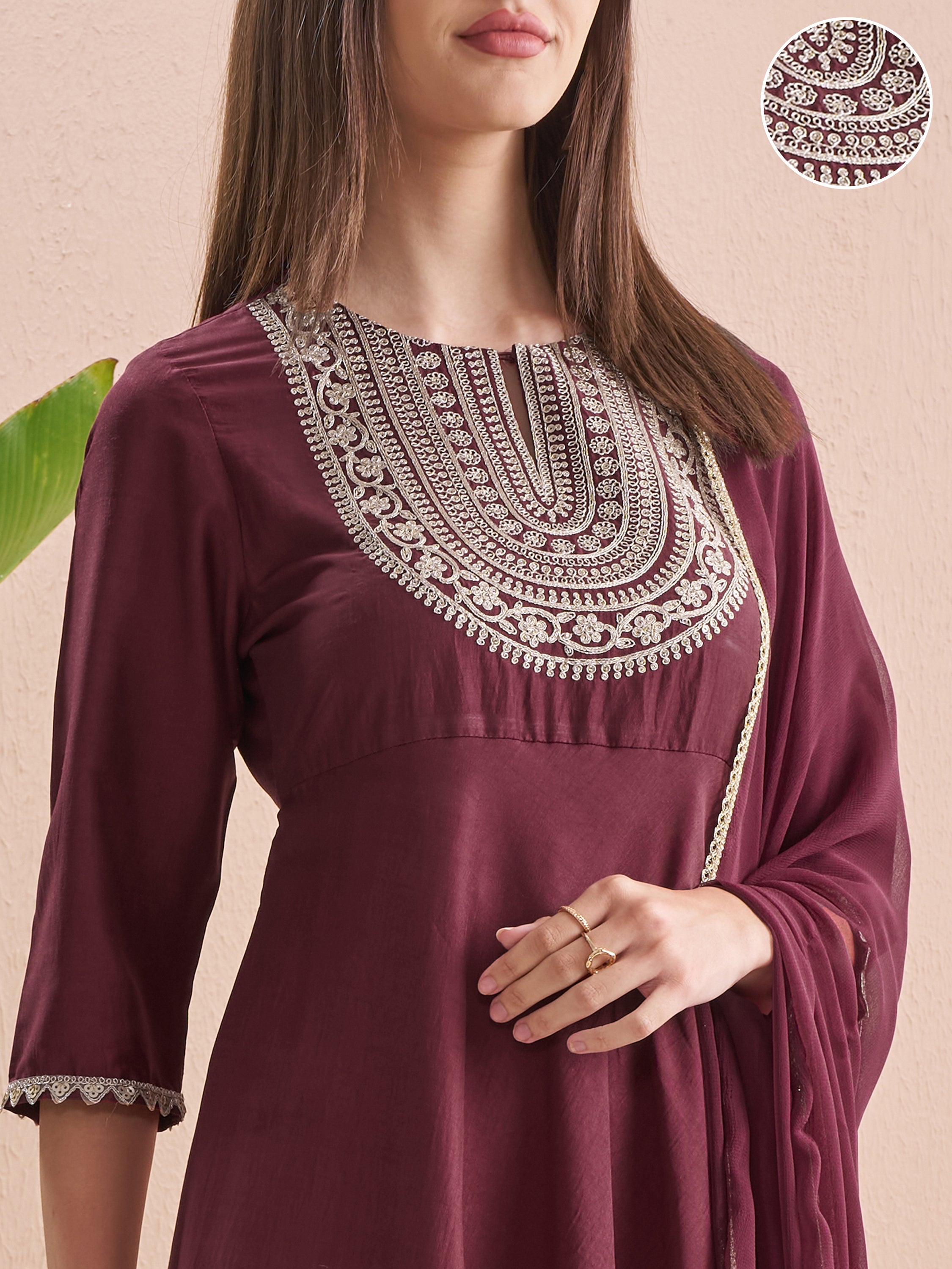 Vishudh Women Burgundy Embroidered Maxi Dress - Burgundy - Image 5