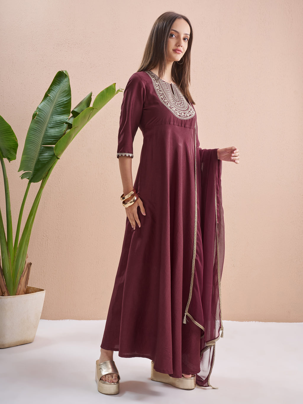 Vishudh Women Burgundy Embroidered Maxi Dress - Burgundy - Image 6