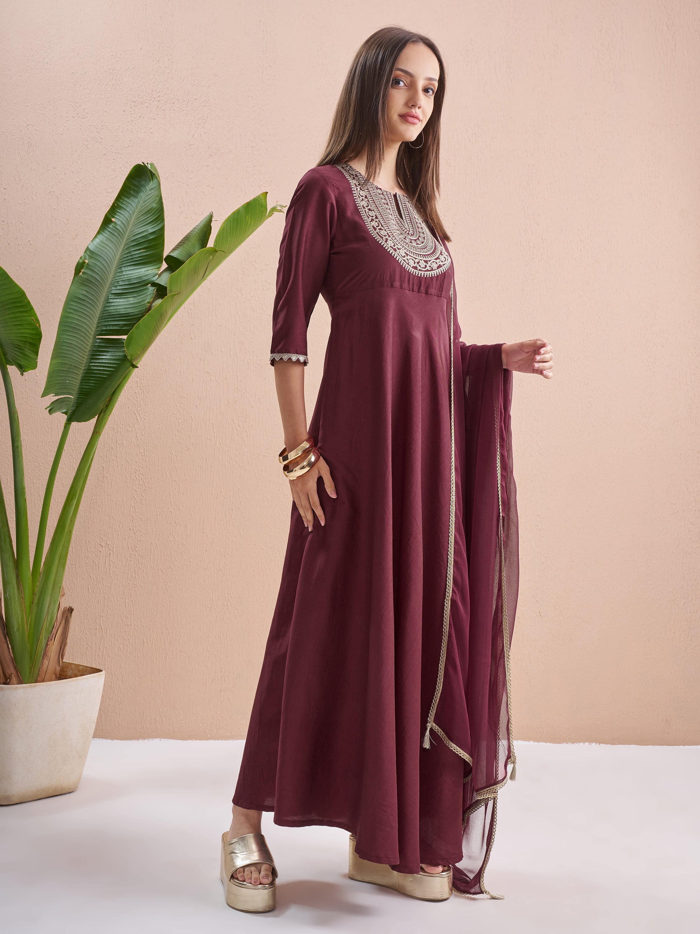 Vishudh Women Burgundy Embroidered Maxi Dress - Burgundy - Image 6