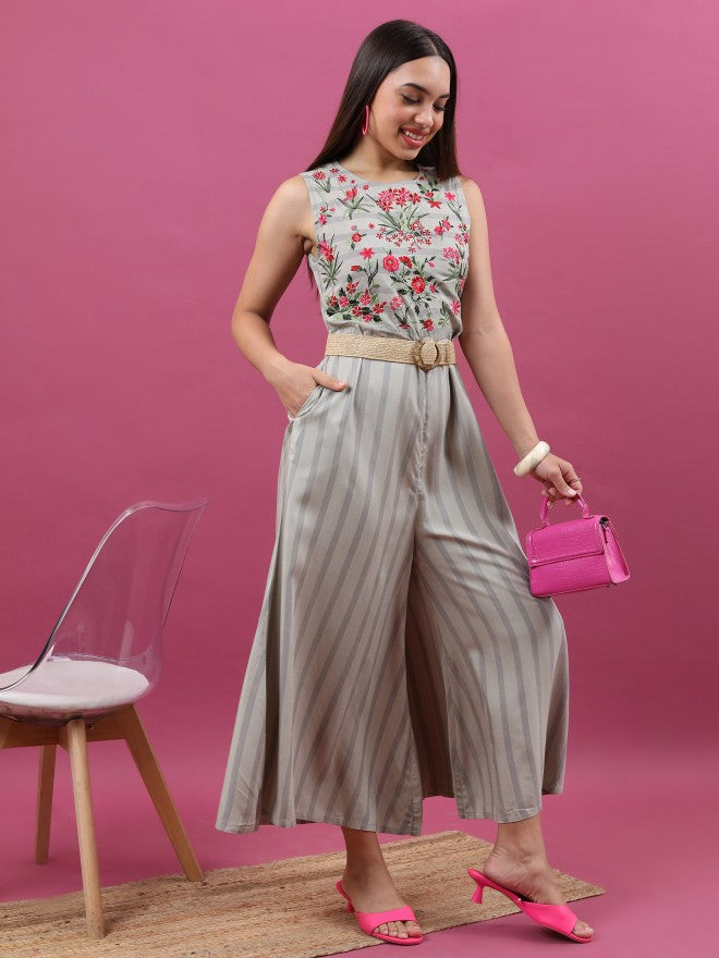 Vishudh Women Grey Embroidered Jumpsuit - Grey - Image 6