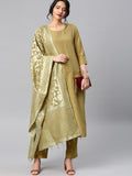 Women Beige Solid Straight Kurta with Trouser & Printed Dupatta - Beige - Image 1