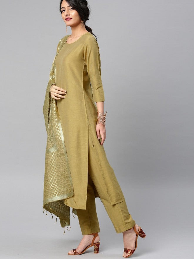 Women Beige Solid Straight Kurta with Trouser & Printed Dupatta - Beige - Image 2