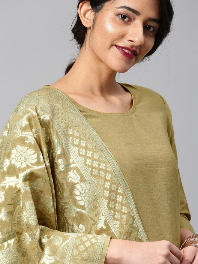 Women Beige Solid Straight Kurta with Trouser & Printed Dupatta - Beige - Image 4