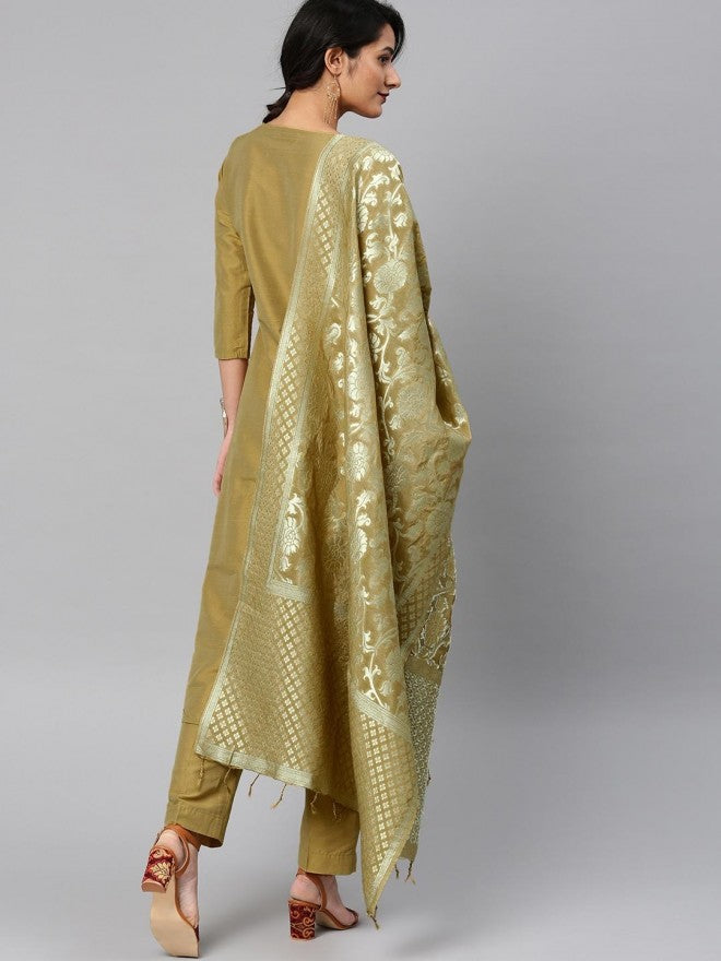 Women Beige Solid Straight Kurta with Trouser & Printed Dupatta - Beige - Image 5
