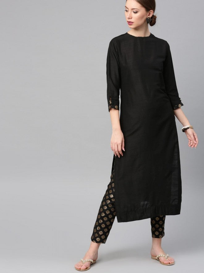 Women Black Ethnic Motifs Printed Straight Kurta with Trouser - Black - Image 1