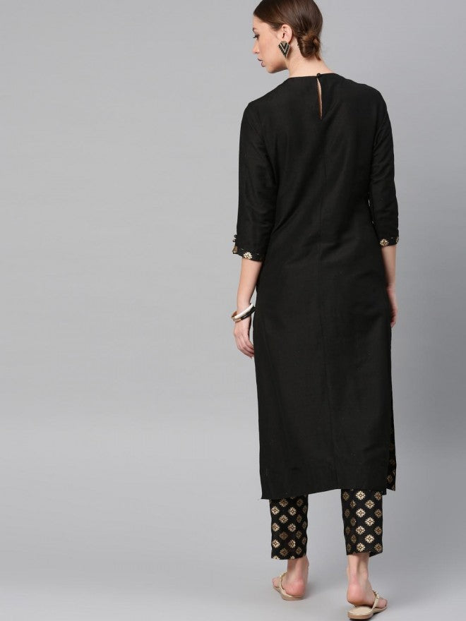 Women Black Ethnic Motifs Printed Straight Kurta with Trouser - Black - Image 2