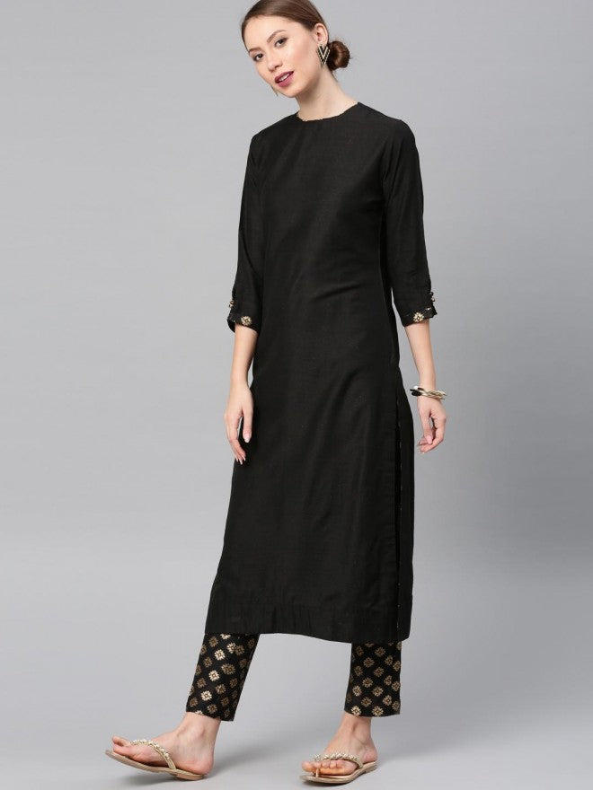 Women Black Ethnic Motifs Printed Straight Kurta with Trouser - Black - Image 3