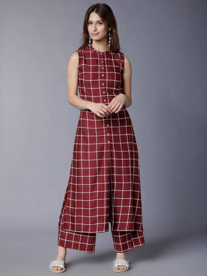 Women Maroon Checked Straight Kurta with Palazzo - Maroon - Image 1