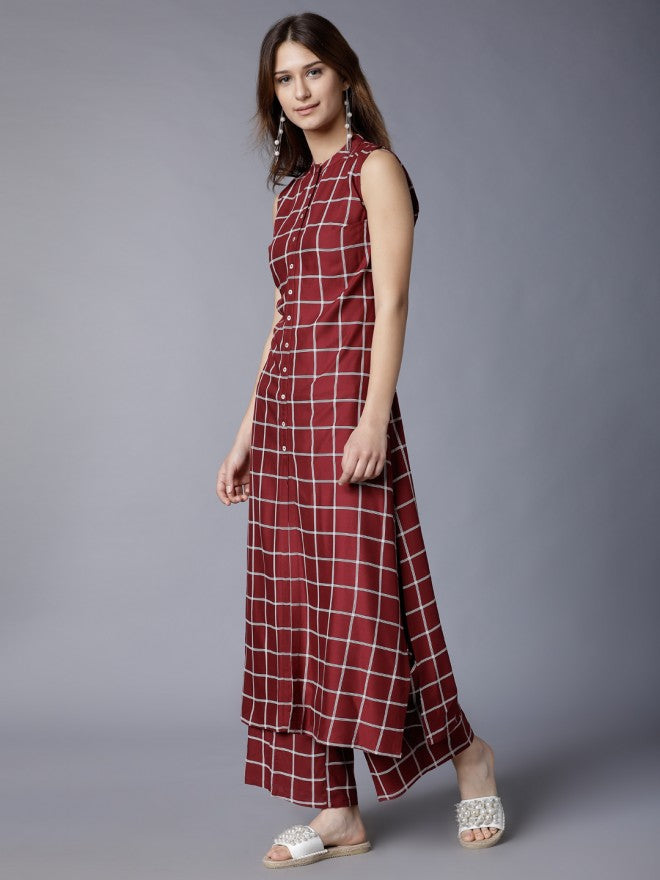 Women Maroon Checked Straight Kurta with Palazzo - Maroon - Image 2