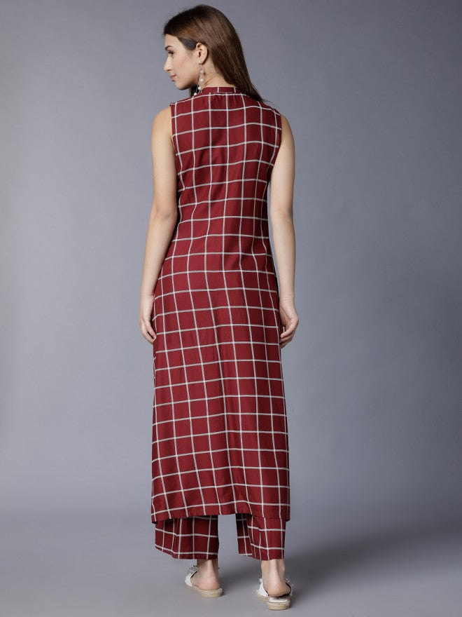Women Maroon Checked Straight Kurta with Palazzo - Maroon - Image 3
