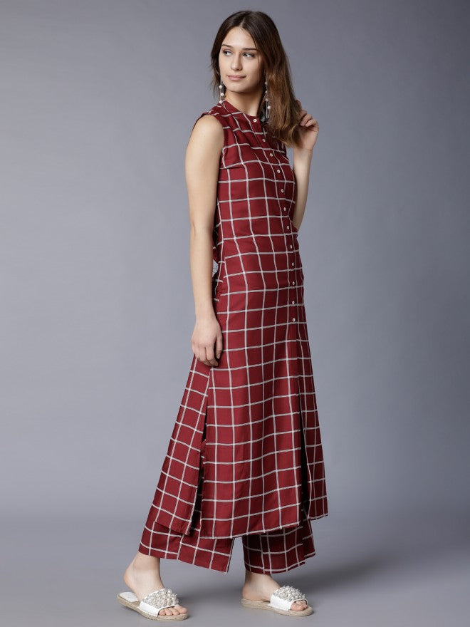 Women Maroon Checked Straight Kurta with Palazzo - Maroon - Image 4