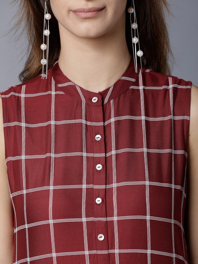 Women Maroon Checked Straight Kurta with Palazzo - Maroon - Image 5