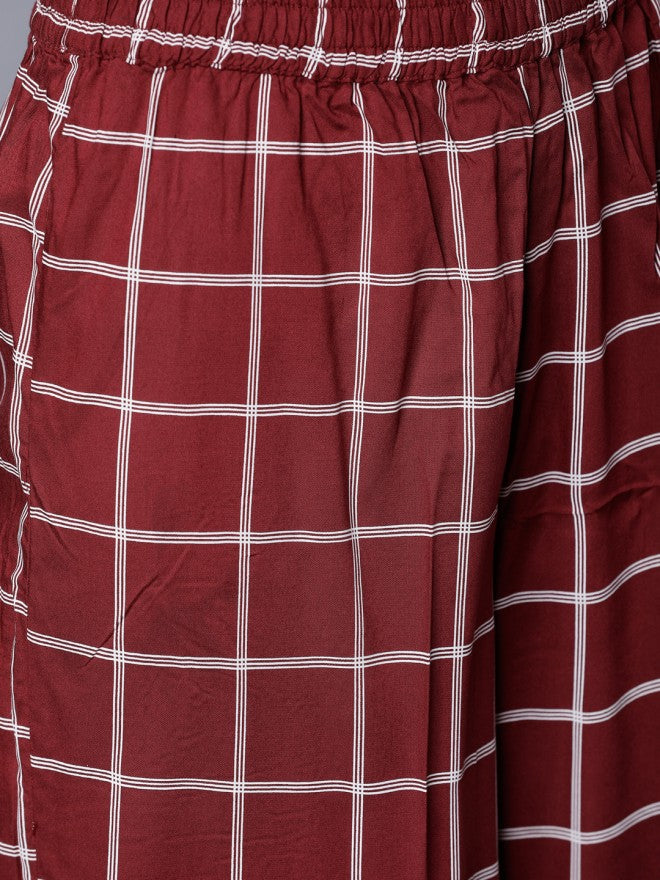 Women Maroon Checked Straight Kurta with Palazzo - Maroon - Image 6
