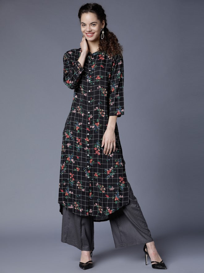 Women Black & Red Floral Printed A-Line Kurta with Palazzo - Black - Image 1