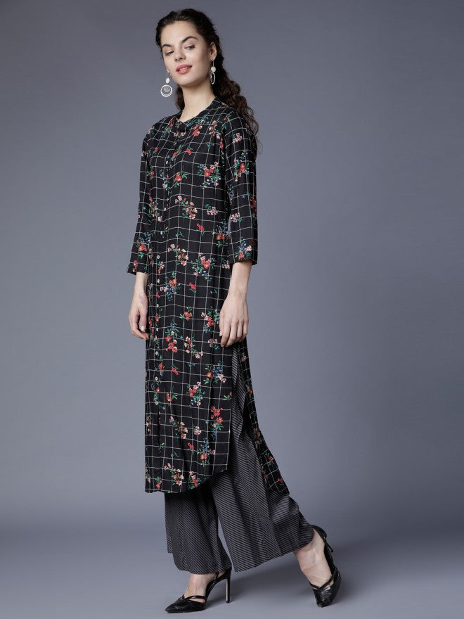 Women Black & Red Floral Printed A-Line Kurta with Palazzo - Black - Image 2