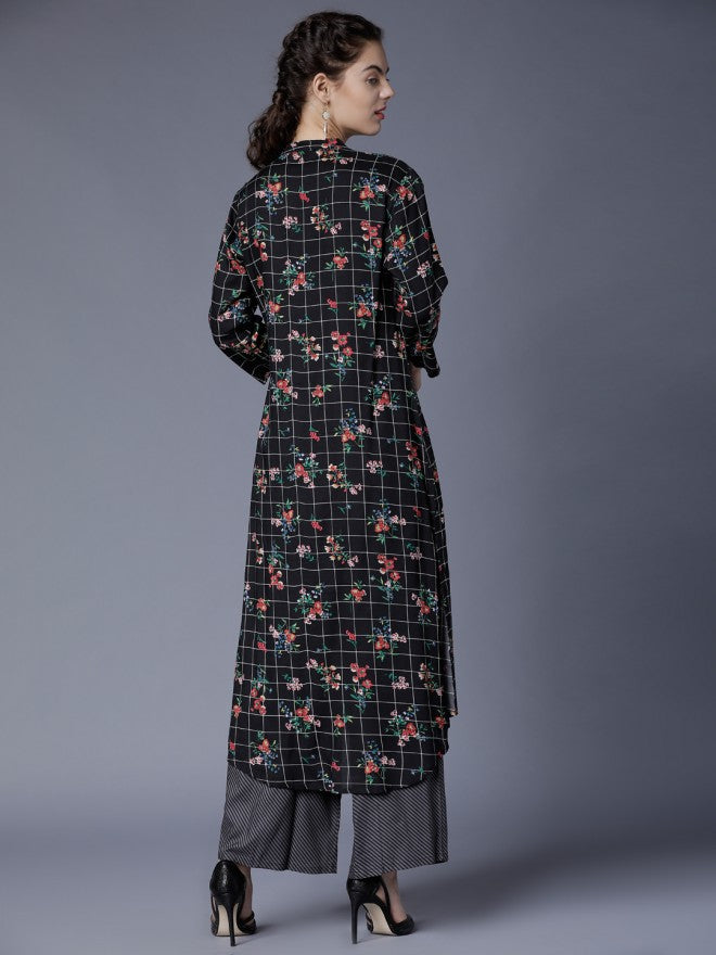 Women Black & Red Floral Printed A-Line Kurta with Palazzo - Black - Image 3