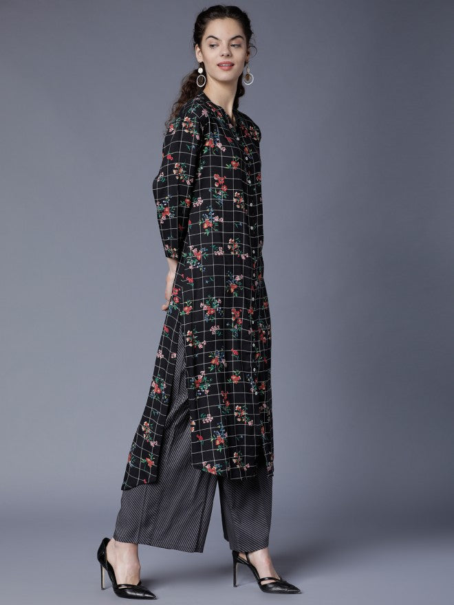 Women Black & Red Floral Printed A-Line Kurta with Palazzo - Black - Image 4