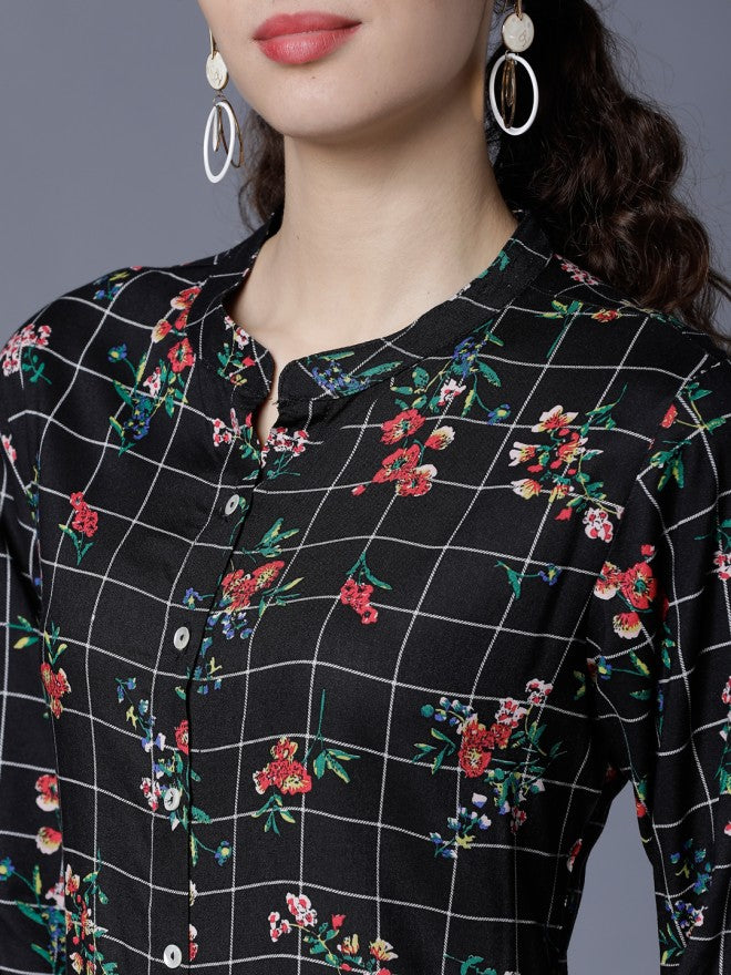 Women Black & Red Floral Printed A-Line Kurta with Palazzo - Black - Image 5