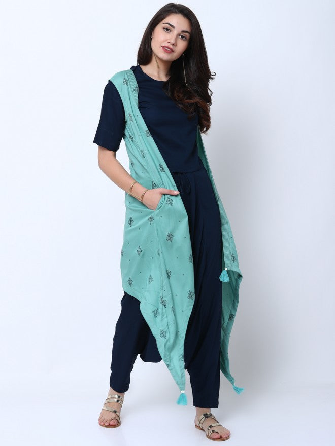 Women Teal Mint Ethnic Motifs Printed A-Line Kurta with Trouser & Jacket - Teal - Image 1